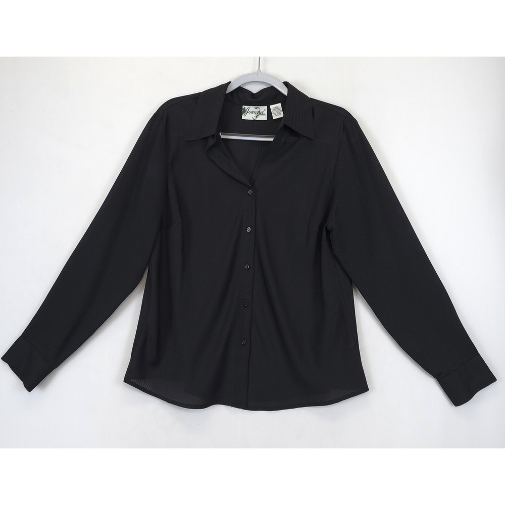 Joanna Button Up Top Women L Black Stripe Sheer Long Sleeve Blouse Office Career